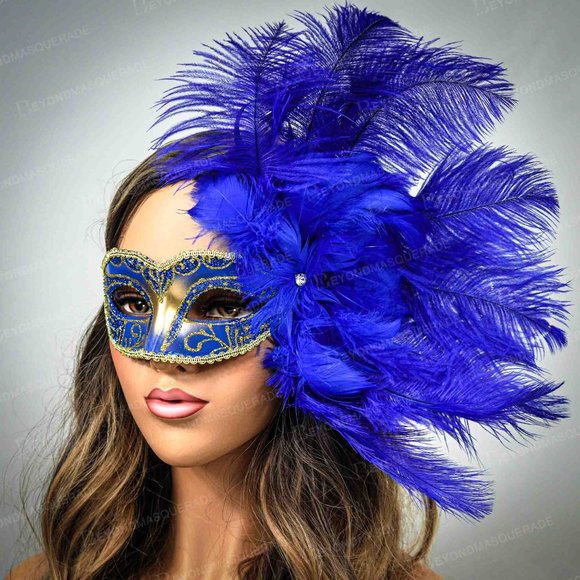 Blue Masquerade Masks with Feathers Party Mask - Picture 2 of 3